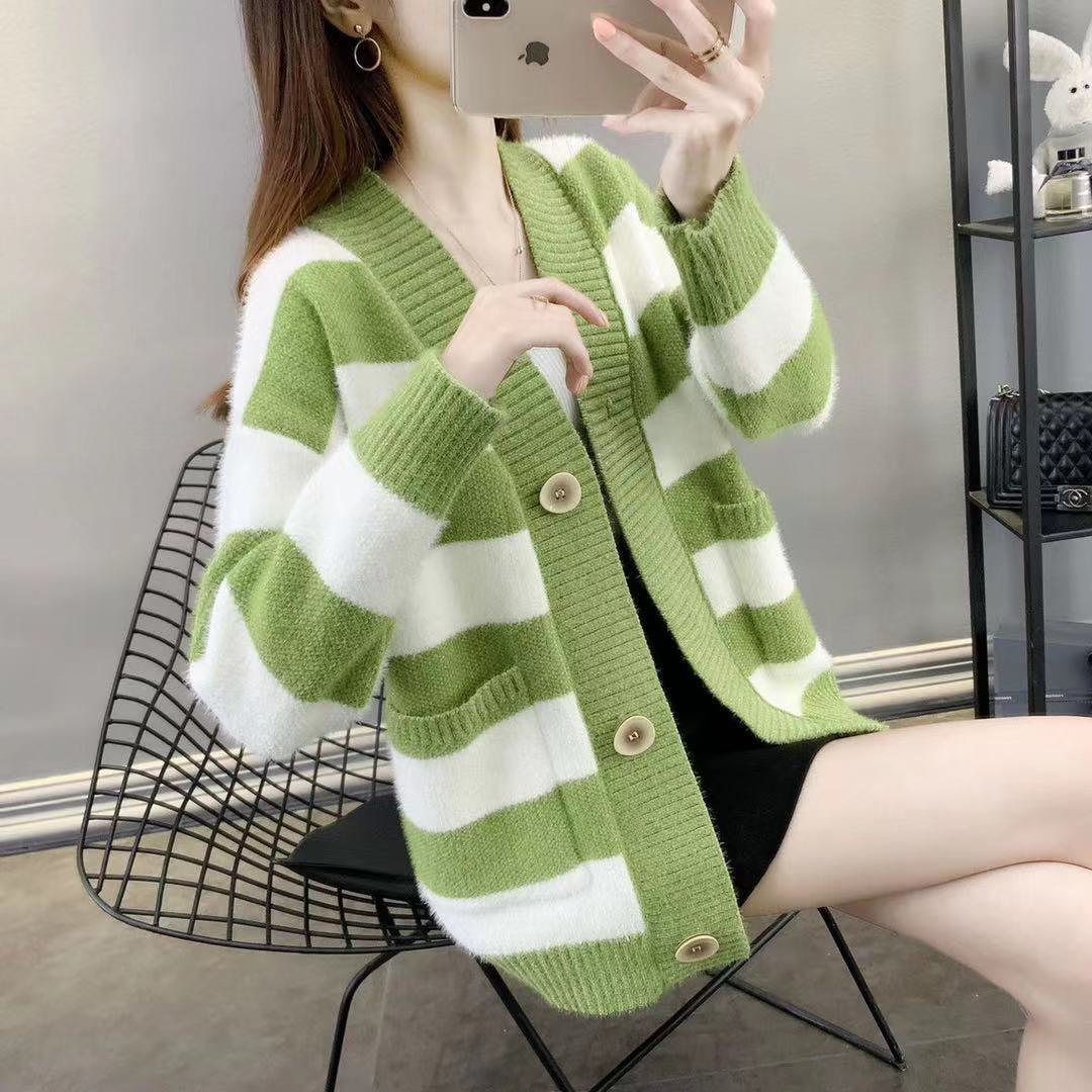 Damen Grobstrick-Cardigan mit Breton-Streifen und praktischen Taschen EB