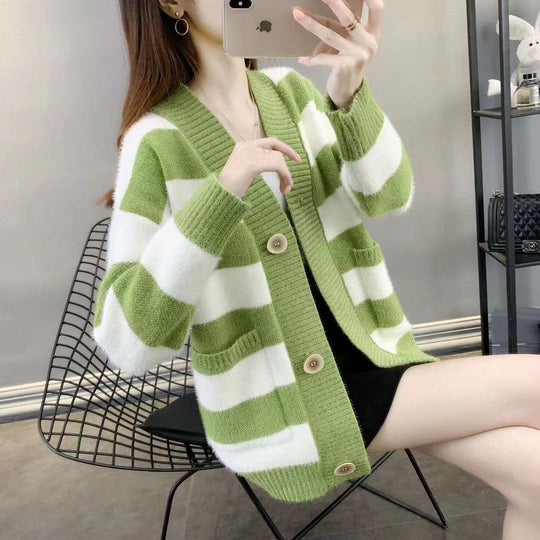 Damen Grobstrick-Cardigan mit Breton-Streifen und praktischen Taschen EB