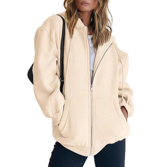 Damen nan Oversize-Zip-Hoodie mit Kapuze Kängurutaschen und weichem French-Terry EB