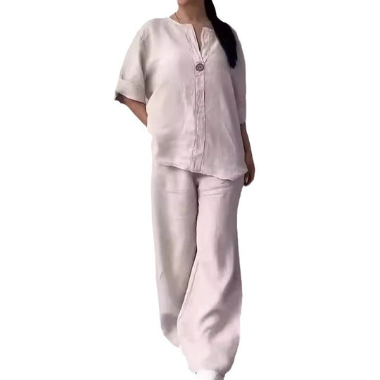 Damen nan lässiges Leinen-Relax-Set mit weiter Hose und Hemdbluse EB