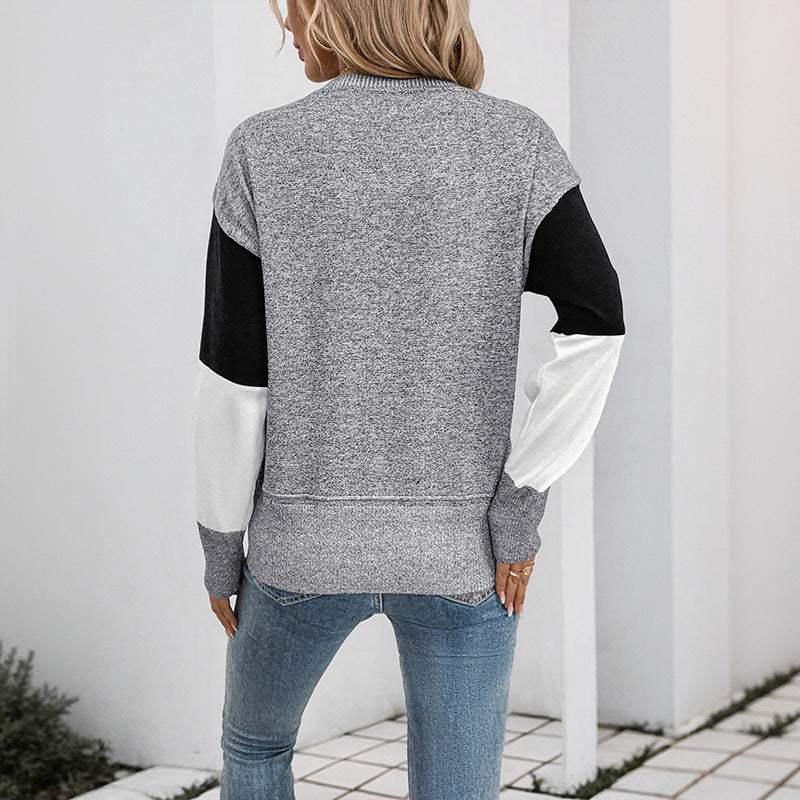 Damen Blockmuster-Strickpullover mit Rundhalsausschnitt und legerer Passform EB