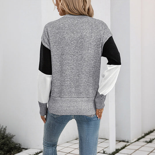 Damen Blockmuster-Strickpullover mit Rundhalsausschnitt und legerer Passform EB