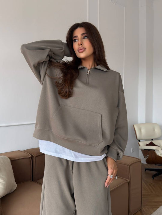 Damen nan weites Halfzip-Lounge-Set mit Kapuzenpullover, Kängurutasche und fließender Wide-Leg-Hose EB