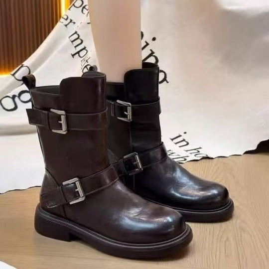 Damen Modische Stiefel mit stilvollem Schnallen-Design und robuster Sohle EB