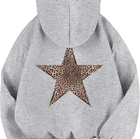 Damen lässiger Kapuzenpullover mit leopardem Muster auf Stern EB