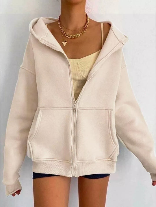 Damen nan minimalistisches French-Terry Zip-Hoodie mit durchgehendem Reißverschluss, Kängurutasche und Daumenloch-Ärmeln EB