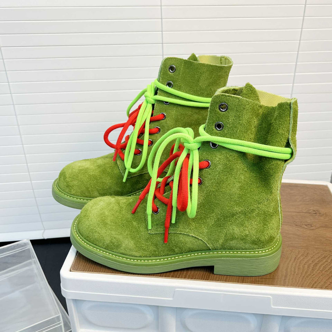 Damen modische Wildleder-Boots mit neonfarbenen Schnürsenkeln und robustem Profil EB