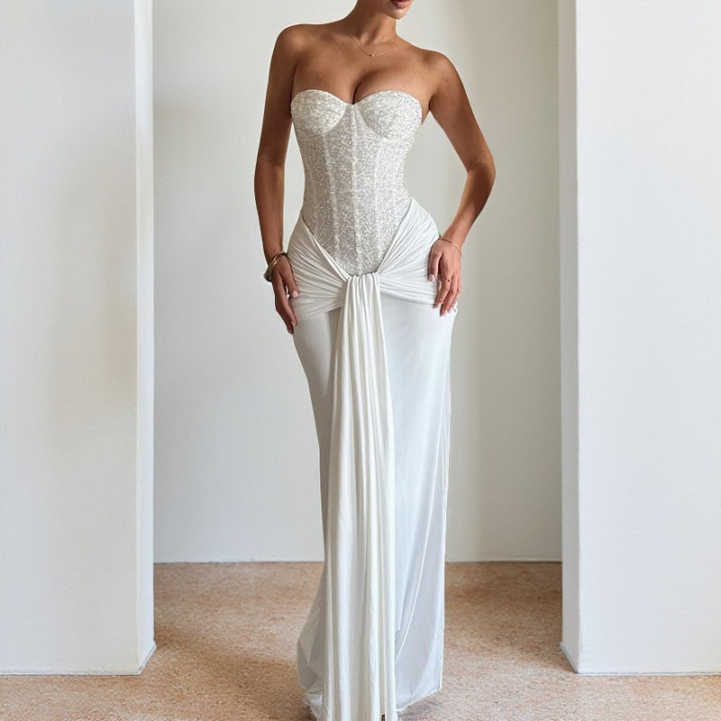 Damen schickes Maxikleid mit elegantem Bustier-Oberteil und gerafftem Rock EB