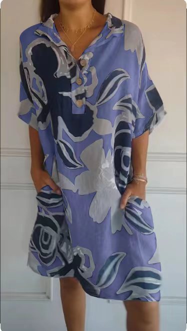 Damen luftiges Strandkleid mit modischem Muster und seitlichen Taschen EB
