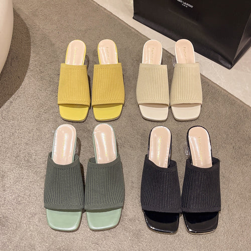 Damen Slide-Sandalen mit luftiger Rippstruktur und transparentem Blockabsatz EB
