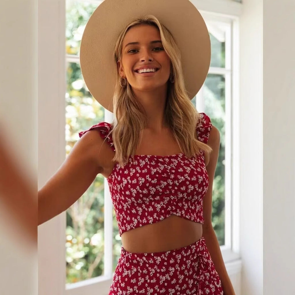 Damen Set aus Crop-Top und schwingendem Maxirock mit floralen Mustern EB