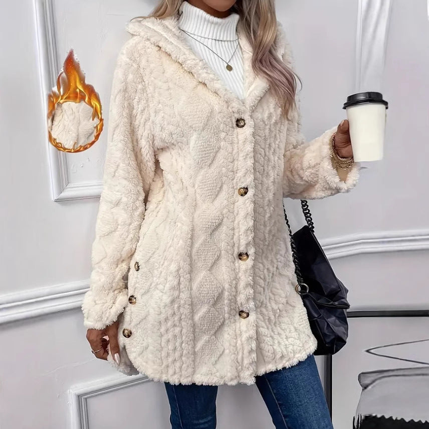Damen kuscheliger Oversized-Mantel mit Kapuze und Knopfleiste EB
