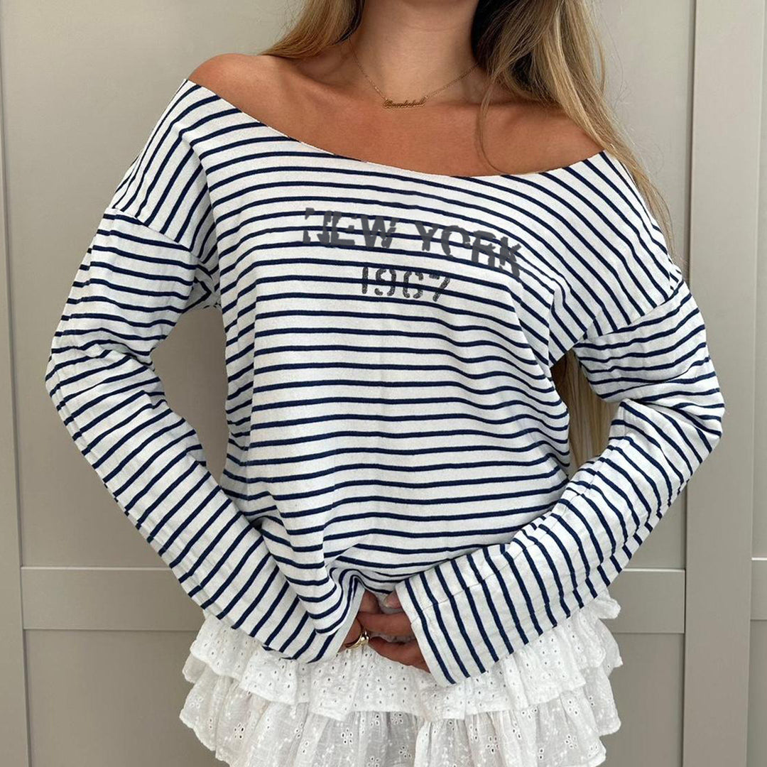 Damen Oversized Streifenpullover mit offenem Ausschnitt und lässigen Ärmeln EB
