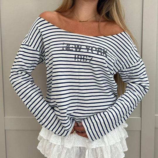 Damen Oversized Streifenpullover mit offenem Ausschnitt und lässigen Ärmeln EB