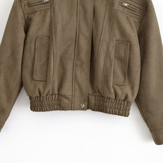 Damen modische Wildlederjacke mit tailliertem Schnitt und praktischen Taschen EB