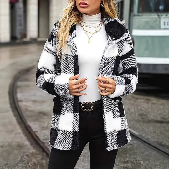 Damen Kuschelige Karofleecejacke im Casual-Stil EB