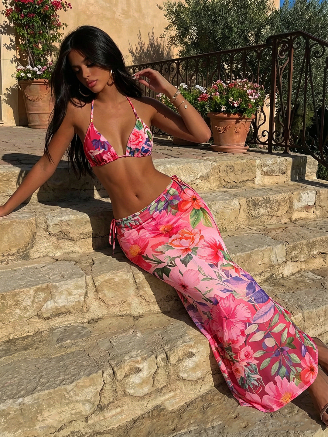 Damen Triangel-Bikini mit floralem und tierischem Muster EB