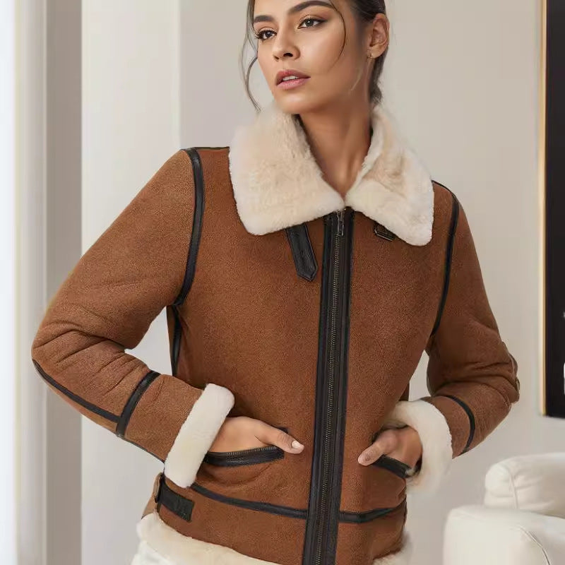 Damen trendige Faux-Fur-Jacke mit lässigem Schnitt und praktischen Taschen EB