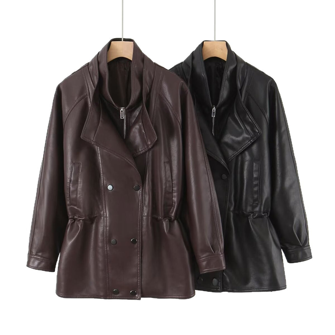 Damen Kunstlederjacke mit breitem Revers und praktischen Taschen EB