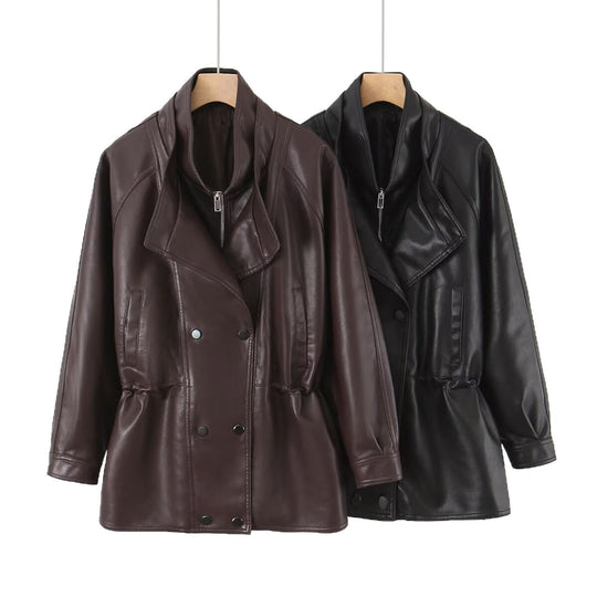 Damen Kunstlederjacke mit breitem Revers und praktischen Taschen EB