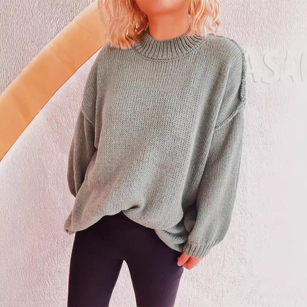 Damen lässiger Grobstrickpullover mit hohem Kragen und weitem Schnitt EB