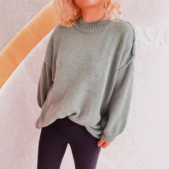 Damen lässiger Grobstrickpullover mit hohem Kragen und weitem Schnitt EB