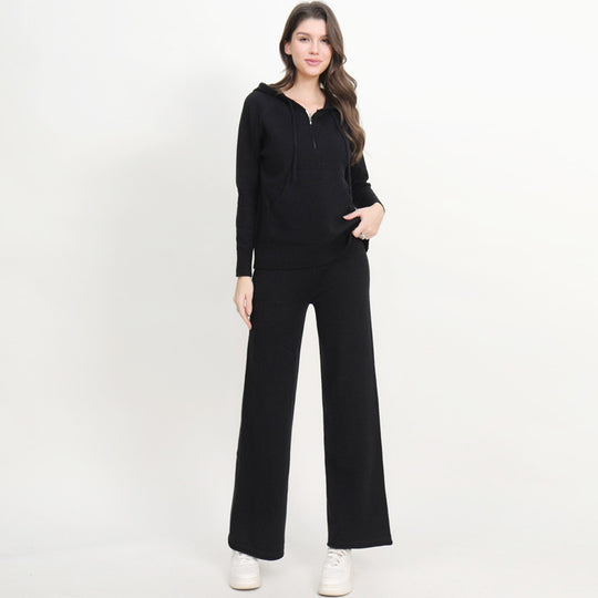 Damen lässiges Strick-Loungewear-Set mit Kapuze und weitem Bein EB