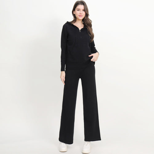 Damen lässiges Strick-Loungewear-Set mit Kapuze und weitem Bein EB