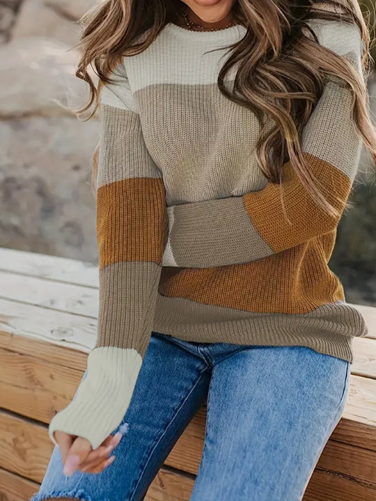 Damen modischer Strickpullover mit modernem Streifen-Design und langen Ärmeln EB