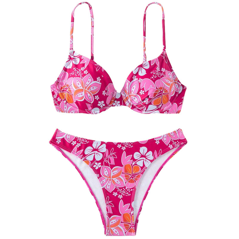 Damen gepolsterter Triangel-Bikini mit floralem Design und verstellbaren Trägern EB