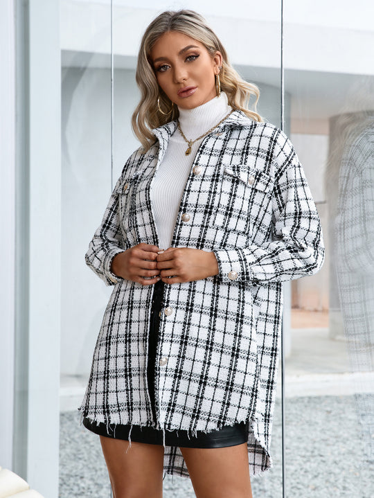 Damen Karierte Overshirtjacke mit lässigem Schnitt und Fransen EB