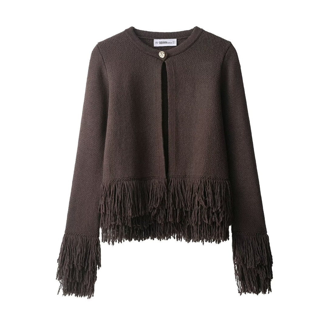 Damen Fransen Strickjacke mit eleganter Knopfverschlusstechnik EB