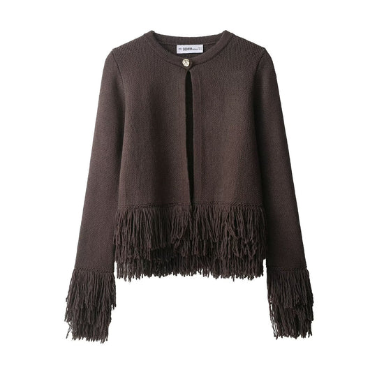 Damen Fransen Strickjacke mit eleganter Knopfverschlusstechnik EB