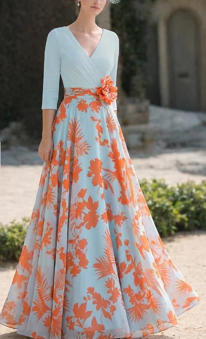 Damen Florales Maxikleid mit Wickeloberteil, dreiviertel-Ärmeln und ausgestelltem Rock EB