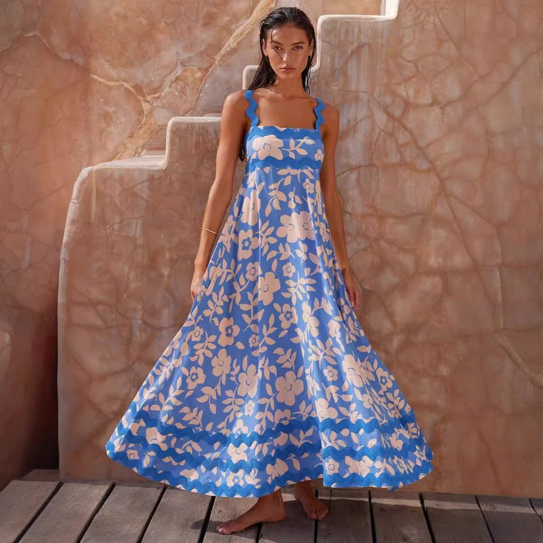 Damen Maxikleid mit elegantem Wellenmuster und fließendem Rock EB
