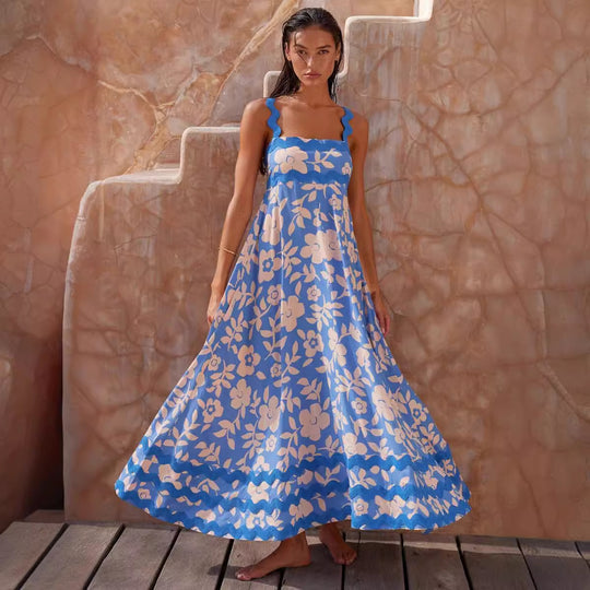 Damen Maxikleid mit elegantem Wellenmuster und fließendem Rock EB