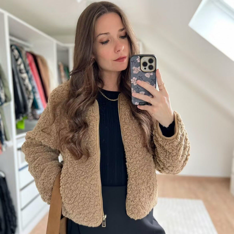 Damen Teddyjacke mit Reißverschluss und seitlichen Eingrifftaschen EB