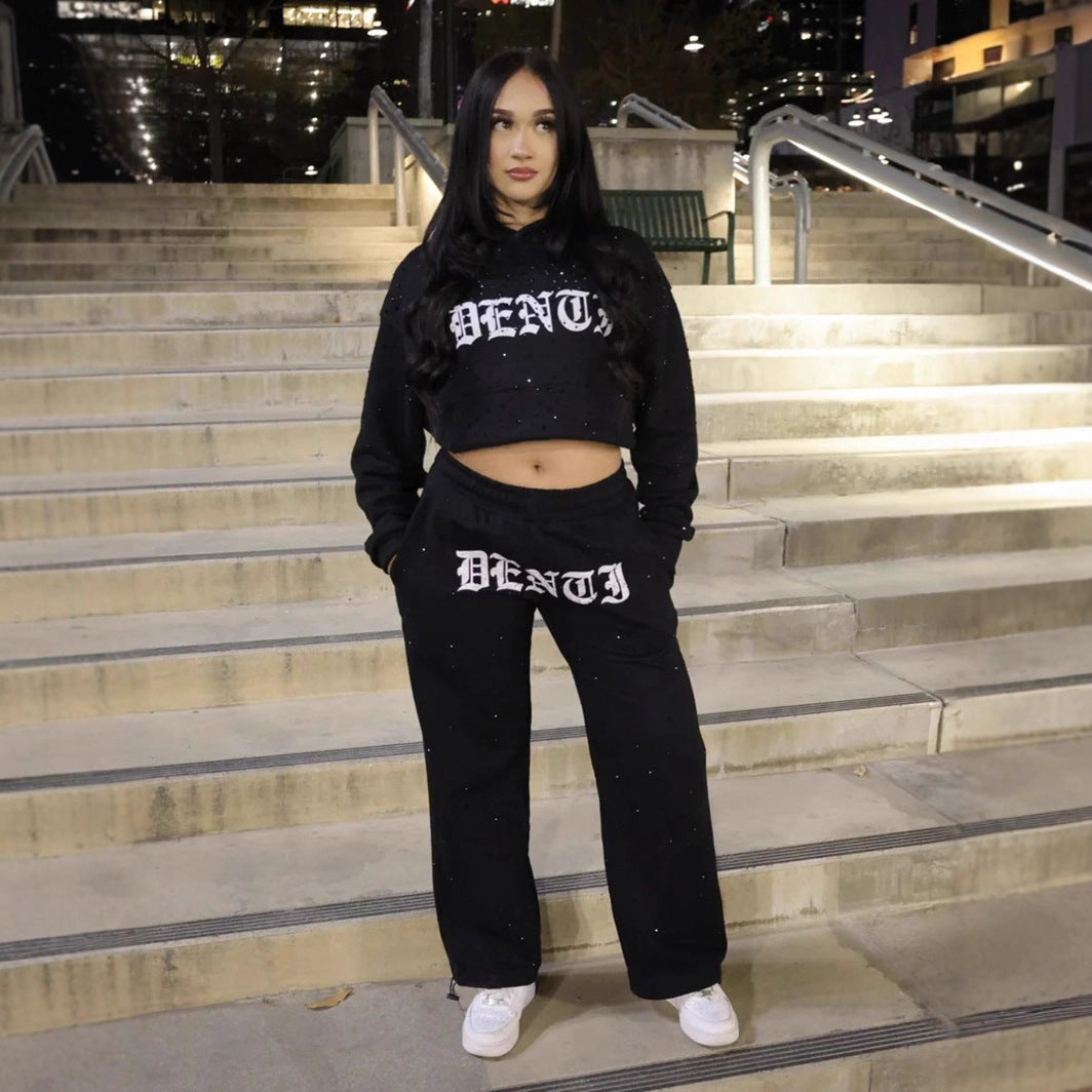 Damen nan Loungehose mit Galaxie-Sternenprint, geradem Bein, elastischem Komfortbund und gotischem Schriftzug EB