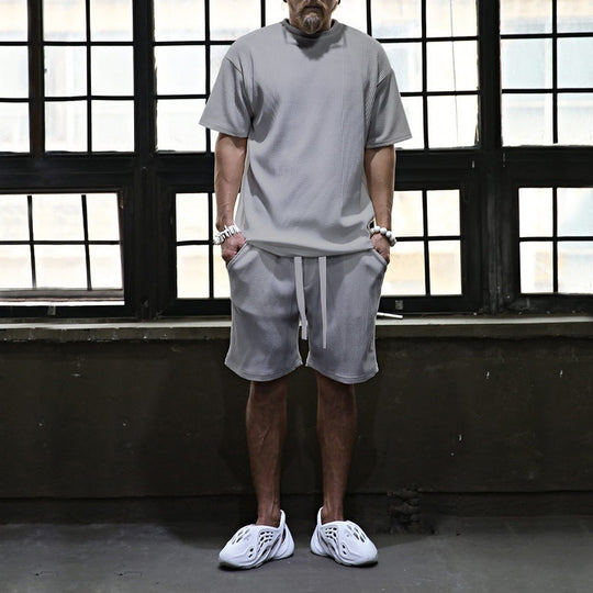 Herren nan lässiges Waffeljersey-Set mit weitem Oberteil und Tunnelzug-Shorts EB