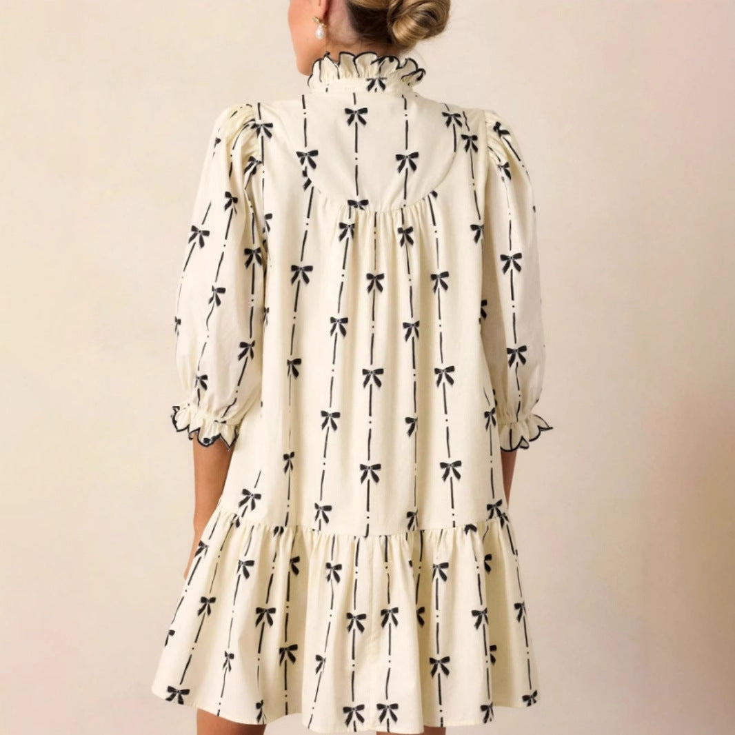 Damen luftiges Freizeitkleid mit Rüschen und zartem Schleifenprint EB