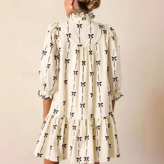 Damen luftiges Freizeitkleid mit Rüschen und zartem Schleifenprint EB