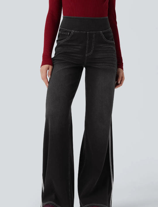 Damen weite Denim-Hose mit seitlichem Streifen und hohem Bund EB