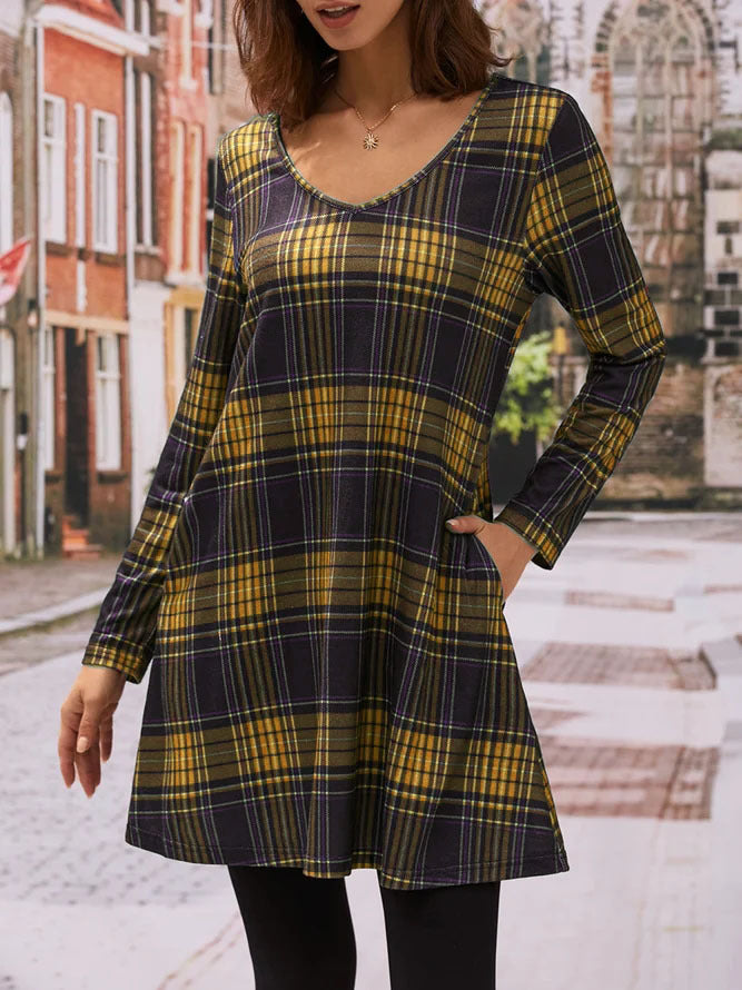 Damen Karo Freizeitkleid mit praktischen Seitentaschen EB