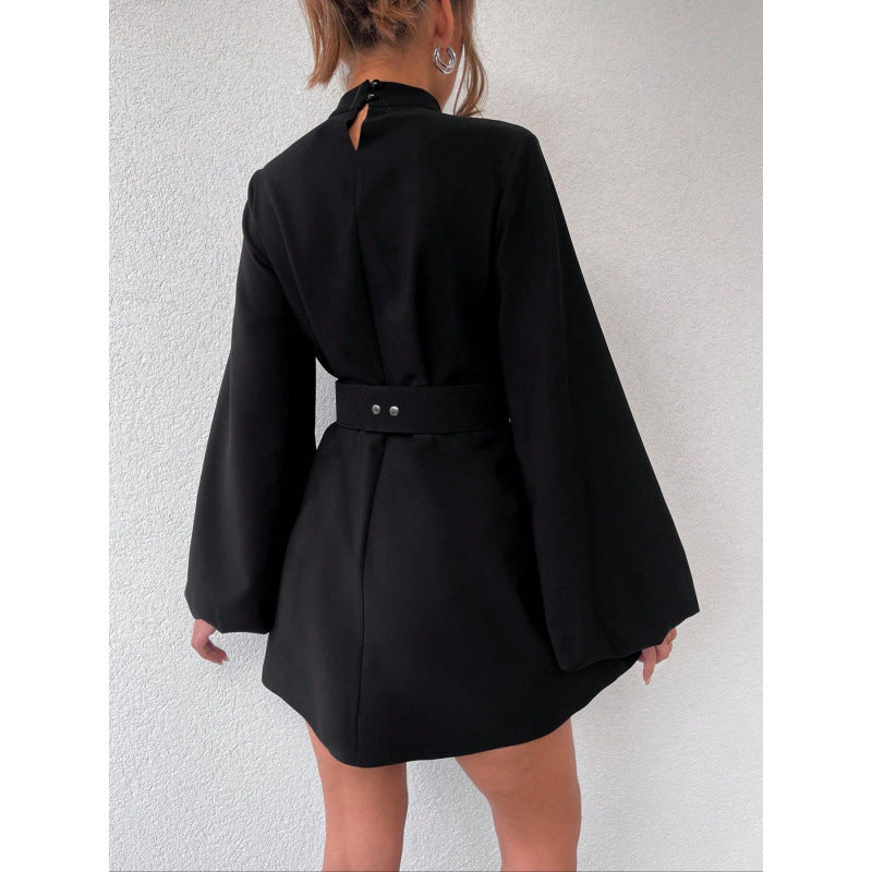 Damen elegante Minikleidung mit Gürtel und langen Ärmeln EB