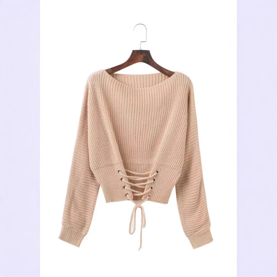 Damen modischer Strickpullover mit tiefem Rückendetail und lässiger Passform EB