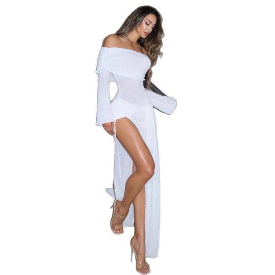 Damen Off-Shoulder Maxikleid mit fließendem Stoff und hohem Schlitz EB