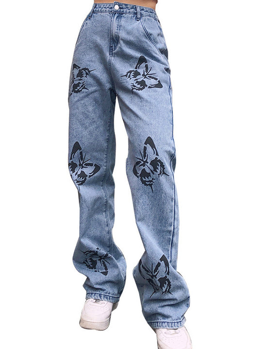 Damen Weit geschnittene Jeans mit kreativem Schmetterlingsdruck EB