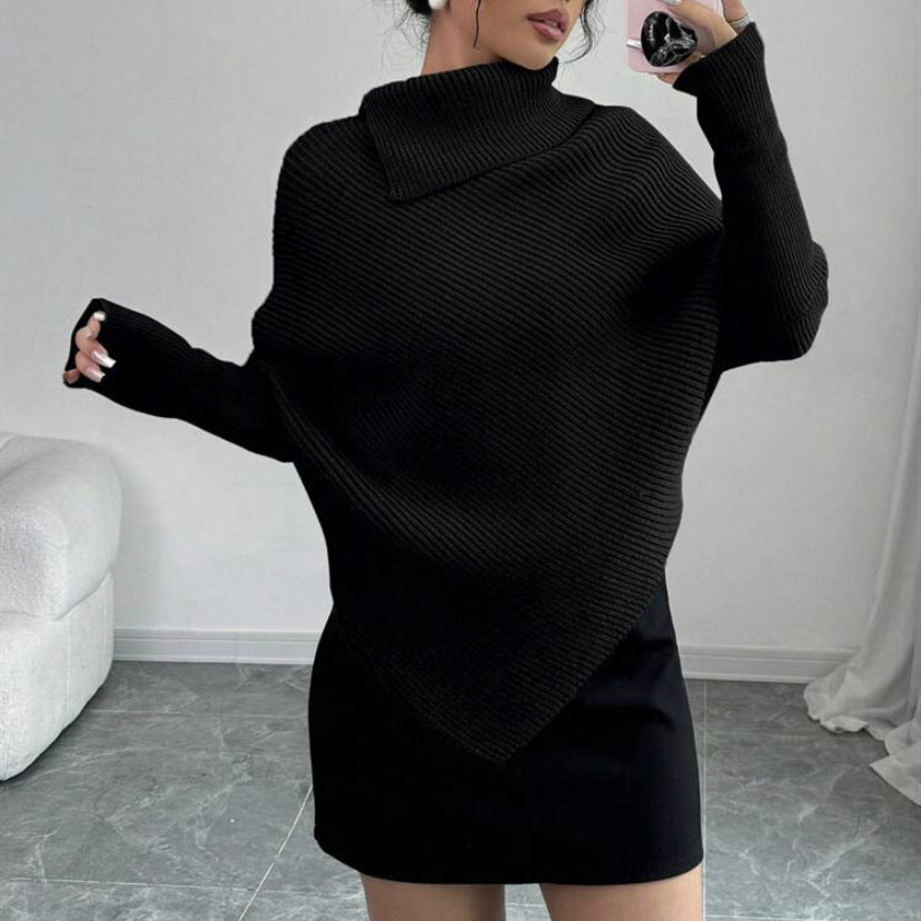 Damen Asymmetrischer Rippenstrick-Poncho mit hohem Rollkragen und verlängerten Ärmeln EB