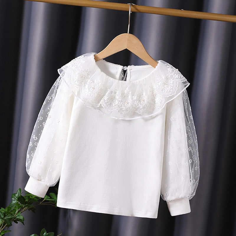 Mädchen Bluse mit floralem Tüllkragen und eleganten Puffärmeln EB