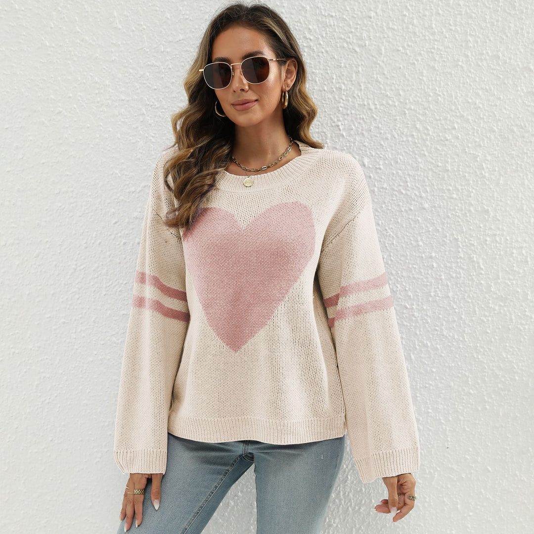 Damen Strickpullover mit Herzmotiv und lässigen Ärmelabschlüssen EB